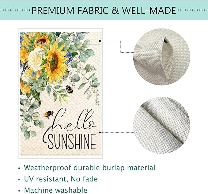 Baccessor Hello Sunshine Spring House Flag Sunflower Bee Eucalyptus Leaves Yard Flag 28 X 40 Inch Double Sided Burlap Large Spring Summer Flag for Outside Decor