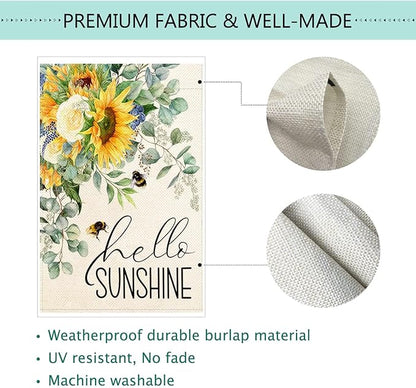 Baccessor Hello Sunshine Spring House Flag Sunflower Bee Eucalyptus Leaves Yard Flag 28 X 40 Inch Double Sided Burlap Large Spring Summer Flag for Outside Decor