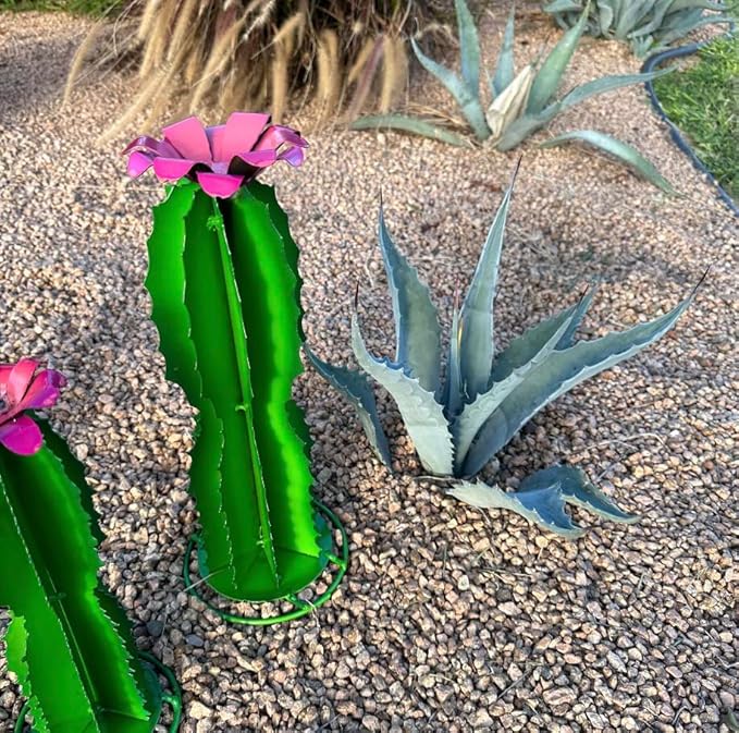 Handmade Blue Myrtle Cactus - Mexican Garden Art, Yard Art, Garden Decor, Indoor/Outdoor Metal Decor, Yard Decoration (Small - 9x11x6)