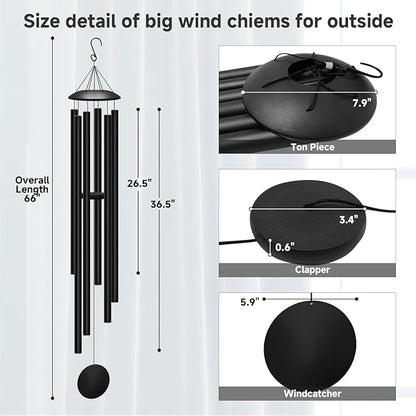 66" Extra Large Wind Chimes for Outside Deep Tone, 6 Thick and Bold Aluminum Tubes Tuned Relaxing Melody Wind Chime, Big Wind Chimes for Garden Patio Decor, Great Gift Idea for Mother's Day (Black)