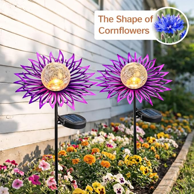 Solar Garden Lights Outdoor Decor, Metal Flower Solar Stake Light with Warm White Crackle Glass, Waterproof Yard Art Ornament for Patio Lawn Backyard, Unique Gardening Gifts for Women (Purple)