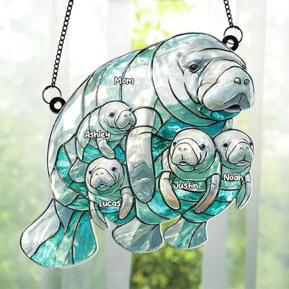 Personalized Manatee Family Acrylic Sun Catcher Ornament Gift for Grandma Mom, Custom Kids Names Window Decor, Heartfelt Gifts for Mimi Nana from Grandkids, Family Window Hanging Decor