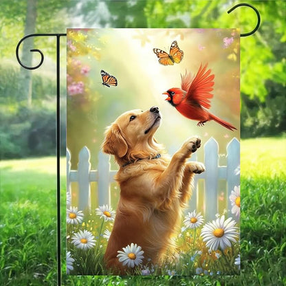 Spring Summer Golden Retriever Garden Flags 12x18 Double Sided, Small Burlap Seasonal Cardinal Floral Dog Garden Flag Spring Summer Outdoor Yard Decorations for Outside Lawn Décor