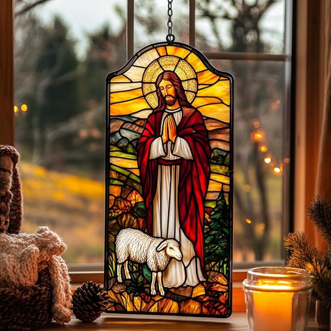 Jesus Acrylic Suncatcher Stained Glass Effect Window Car Hanging Christmas Ornament Indoor Outdoor Decor Garden Memorial Sun Catcher for Family Christmas Jesus Gift for Women Mom Grandma