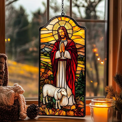 Jesus Acrylic Suncatcher Stained Glass Effect Window Car Hanging Christmas Ornament Indoor Outdoor Decor Garden Memorial Sun Catcher for Family Christmas Jesus Gift for Women Mom Grandma