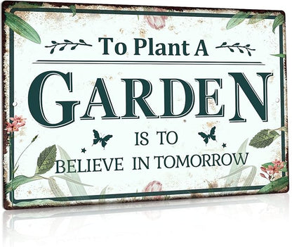 Putuo Decor Garden Sign, Decorative Outdoor Backyard Decor, Gift for Gardeners, 12x8 Inches Metal Sign (To Plant a Garden Is to Believe in Tomorrow)
