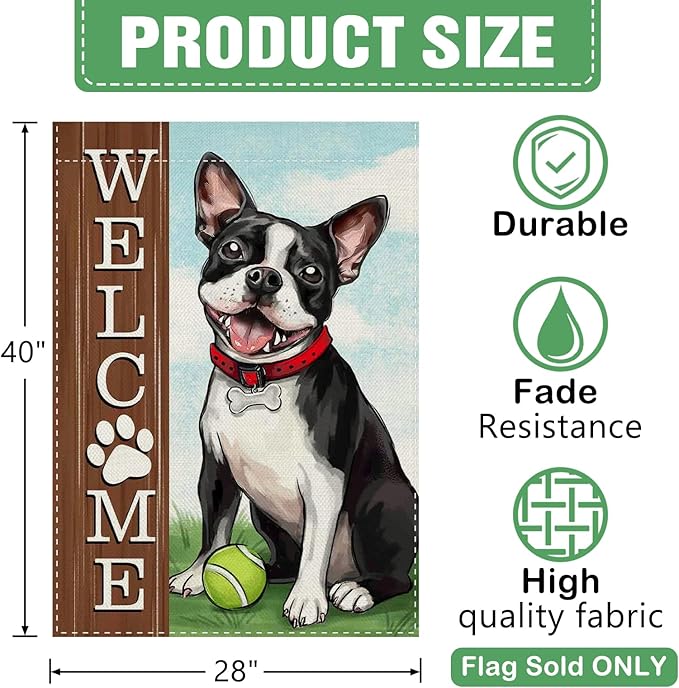 Dyrenson Welcome Boston Terrier Dog 28 x 40 House Flag Double Sided, Spring Summer Paw Prints Tennis Garden Yard Decoration Pet Owner Lover Gift, Farmhouse Burlap Outdoor Decor Decorative Large Flag