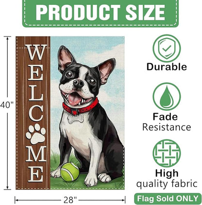 Dyrenson Welcome Boston Terrier Dog 28 x 40 House Flag Double Sided, Spring Summer Paw Prints Tennis Garden Yard Decoration Pet Owner Lover Gift, Farmhouse Burlap Outdoor Decor Decorative Large Flag