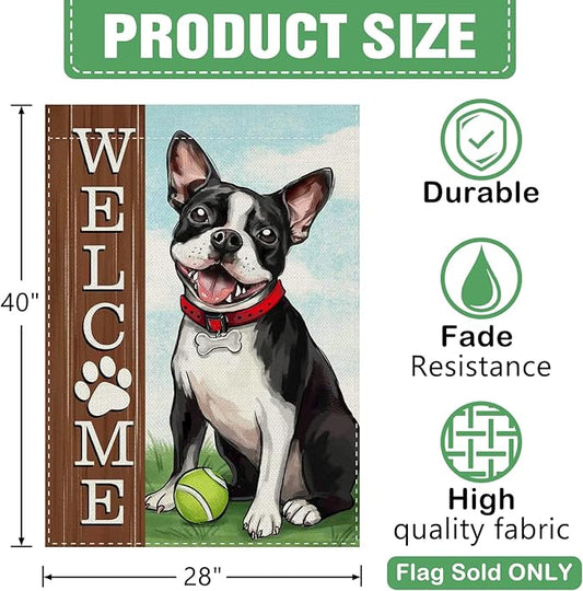 Dyrenson Welcome Boston Terrier Dog 28 x 40 House Flag Double Sided, Spring Summer Paw Prints Tennis Garden Yard Decoration Pet Owner Lover Gift, Farmhouse Burlap Outdoor Decor Decorative Large Flag