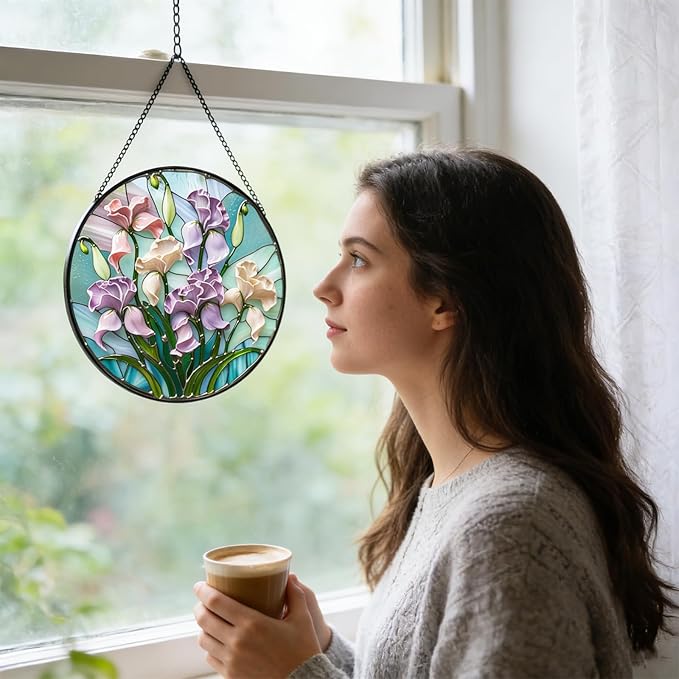 7.87" Iris Flower Stained Glass Window Hanging -Sun Catcher for Door Terrace Garden Home Decor, Green Plants Suncatcher Birthday Gifts for Mother's Day Teacher Dad Mom Nana