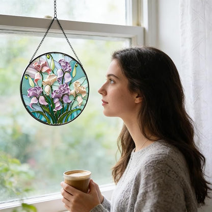 7.87" Iris Flower Stained Glass Window Hanging -Sun Catcher for Door Terrace Garden Home Decor, Green Plants Suncatcher Birthday Gifts for Mother's Day Teacher Dad Mom Nana