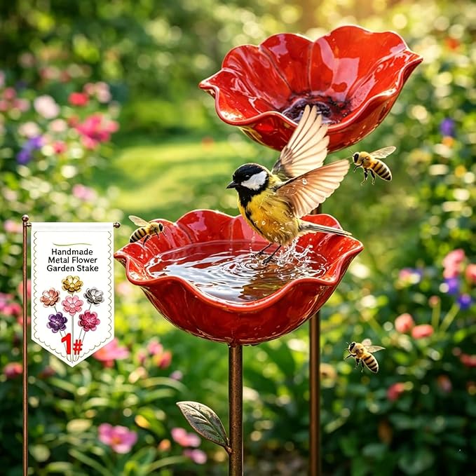 Metal Flower Garden Stakes Bird Bath Handmade, Bee Watering Station, Bees Bath for Garden Metal Bee Water Feeder with Flower Design, Colorful Butterfly Bees Bath Bowl for Outdoor Yard Decor (2PCS)