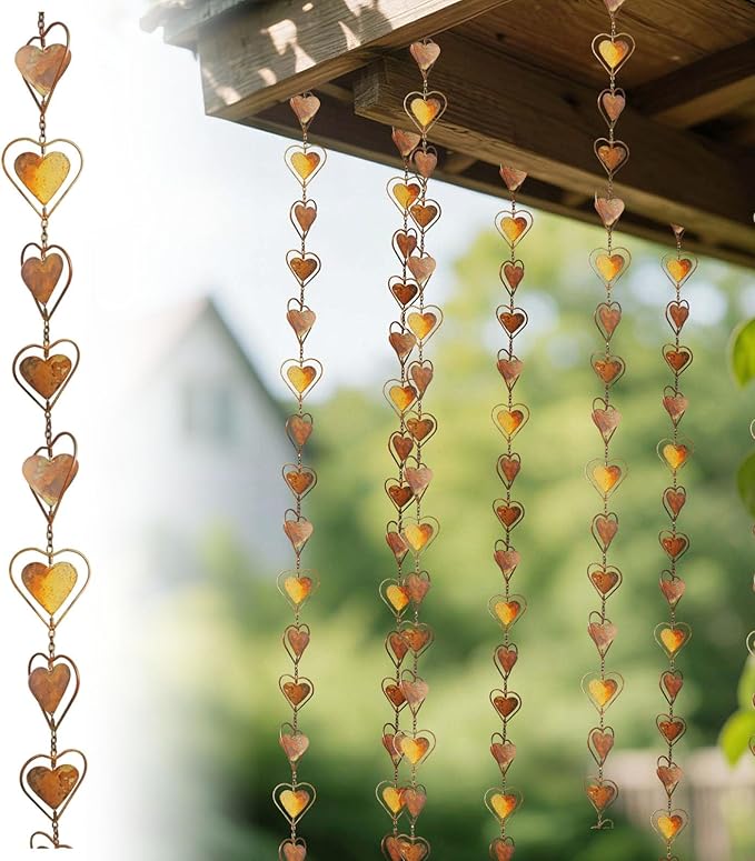 Copper Rain Chain for Gutters Vintage Outdoor Garden Patio Decorations Hanging Chimes Heart Circle Watering Can Metal Rain Chain Rustic Farmhouse Porch Backyard Outside Home Decor