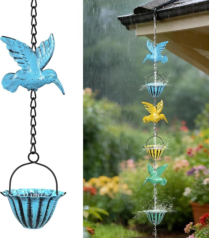 8.5ft Rain Chains for Outside,Colorful Hummingbird Rain Chain for Gutters and Downspouts, Rain Catcher Chain for Garden Yard Decor