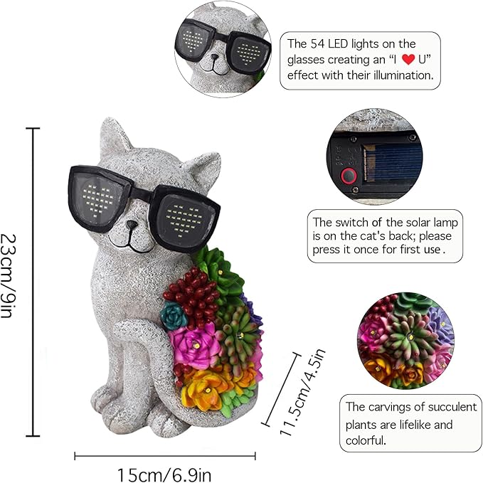 Sharita Solar Cat Garden Decor Statues - with Succulent LED Lights Cat Figurines Gifts for Women Mom Grandma Outdoor Decoration for Patio Yard Lawn