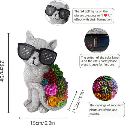 Sharita Solar Cat Garden Decor Statues - with Succulent LED Lights Cat Figurines Gifts for Women Mom Grandma Outdoor Decoration for Patio Yard Lawn