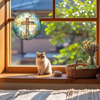 Stained Glass Cross Sun Catcher - 8'' Handcrafted Suncatcher for Window Home Decor, Symbolizing Faith, Hope, and Light, Perfect for Spiritual Spaces, Weddings, and Religious Celebrations (C)
