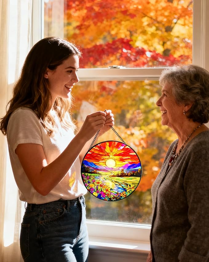 Stained Glass Window Hanging, Sunset Mountains Flower Sun Catchers Glass Panel, Suncatcher Window Decor 8", Birthday for Women Men Mom and Friend Colleague