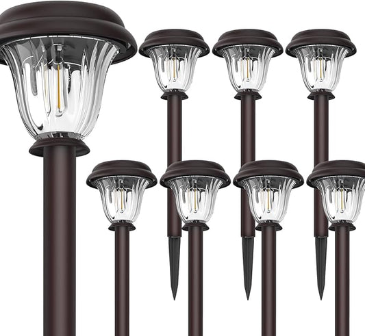 DERAYSION 8 Pack Solar Lights Outdoor, Stainless Steel Glass Solar Pathway Lights, Auto On/Off Long-Lasting Waterproof Garden Lights for Landscape, Path, Yard, Driveway, Walkway Decor (Warm White)