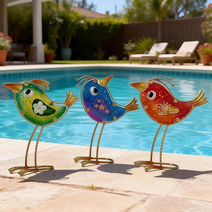 HONGLAND Garden Decor, Set of 3 Funny Metal & Glass Bird Statues for Indoor Outdoor, Colorful Yard Art with Hand-Painted Glass, Gift for Home Garden Decorations
