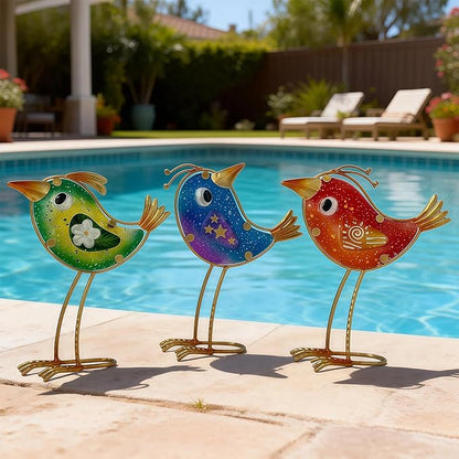 HONGLAND Garden Decor, Set of 3 Funny Metal & Glass Bird Statues for Indoor Outdoor, Colorful Yard Art with Hand-Painted Glass, Gift for Home Garden Decorations