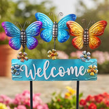 Large Butterfly Garden Stakes 42.1inch with Welcome Sign and Flowers, Butterfly Garden Decor Metal Yard Art for Spring, Lawn Ornaments, Pathway, Outdoor Summer Decorations