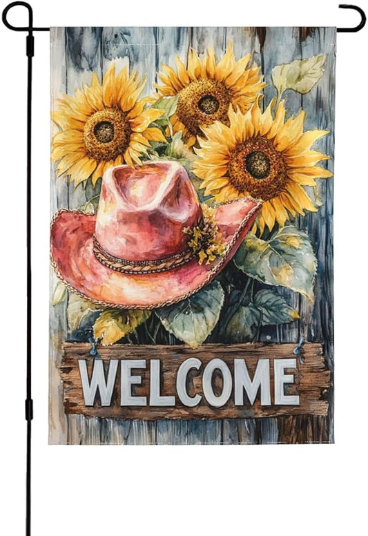 Welcome Cowgirl Sunflower Garden Flags 12×18 Inch Double Sided Decorative Yard Banner Seasonal Flag for Outdoor Outside Decor