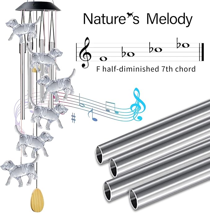 Dog Solar Wind Chimes with 4 Music Aluminum Tubes, Wind Chimes of Outside, 7 Colors Changing Outdoor Waterproof Crystal Dog LED Wind Bell, Home Party Yard Garden Decor