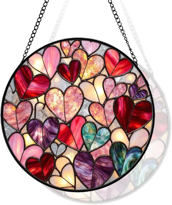 Heart Stained Glass Suncather for Window Hanging, 6.3'' Pink Love Heart Ornament Gift for Women Mom, Romantic Wall Art Home Decor Gifts for Anniversary Wedding (Pink Heart, 6.3'')