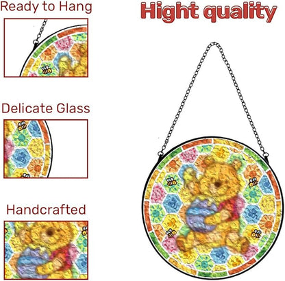 GENANY Honey Bear Glass Window Hanging, Spring Sun Catcher with Metal Chain and Hook, Romantic Gifts for Women Friends Family, Garden Decor, Housewarming Gifts, Outdoor Decor
