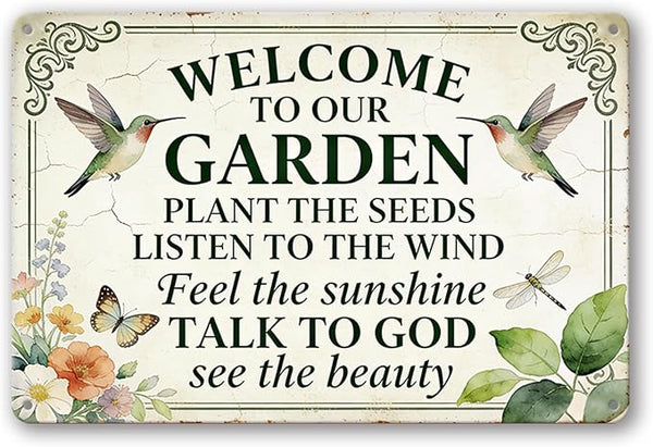 Garden Signs for Outside - Welcome To Our Garden, Funny Metal Signs for Home Garden Patio Yard, Vintage Gardening Gifts for Women, Hummingbird Decor 12" x 8"