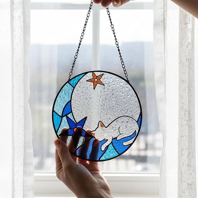 White Cat Stained Glass Window Hanging Ornament, Cat Suncatcher Indoor Wall Art, Boho Cottagecore Moon Kitten Wall Hanging Decorations, Gifts for Cat Lovers, 5.9''