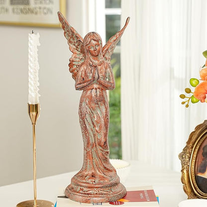 Sungmor Vintage Cast Iron Angel Statue - Rustic Decorative Figurine for Garden, Shelf or Mantel - 14.5" Tall Heavy Duty Patina Finish, Indoor/Outdoot Angel Sculpture