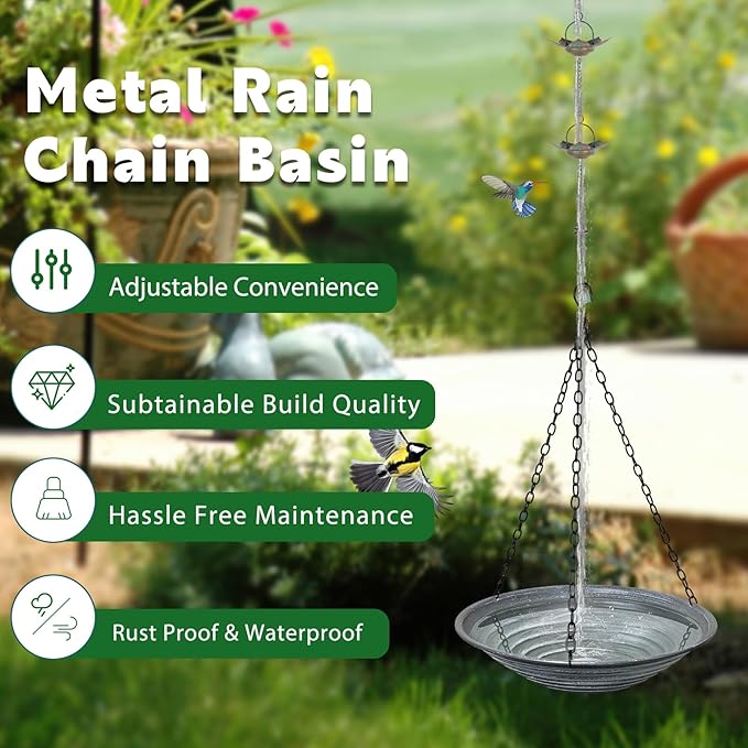 13 inch Rain Chain Basin, Metal Rain Chains Anchoring Bowl Dish, DIY Rain Chain Basin for Gutter Downspout, Hanging Birdbath for Outdoor Garden Patio Decor, Grey