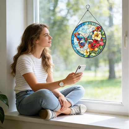 Butterfly Stained Glass Sun Catcher for Window Hanging, Blue Butterfly Suncatcher for Indoor Window Decoration, Stained Glass Window Hanging for Women, Mom 7.9"