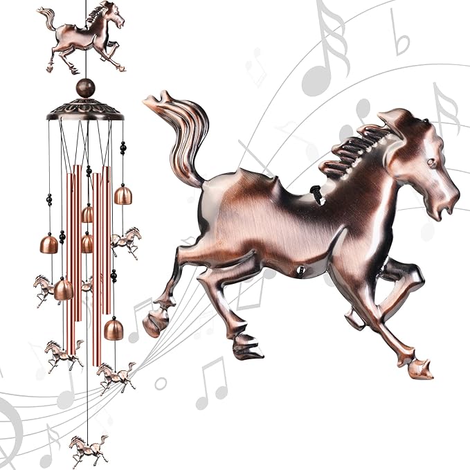 Horse Wind Chimes for Outside, Decorative Wind Chimes with 4 Aluminum Tubes Hanging Bells, Memorial Windchimes Outdoors with S Hook for Patio Garden Decor, Unique Gift for Mom Grandma
