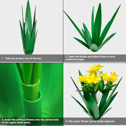 DDQ Metal Agave Plant Outdoor Decor with Artificial Flowers, Mexican Style Garden Sculpture, Waterproof Yard Art for Patio Lawn, Multiple Flower Options (Green Agave + Sunflower/Red/Yellow/Purple)