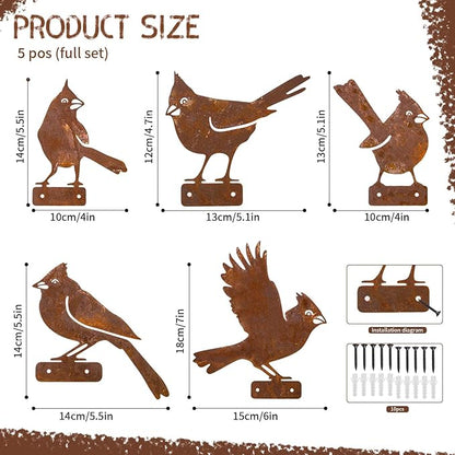 5 Pack Rusty Cardinal Birds Decoration - Outdoor Double-Side Metal Birds Decor for Fence, Yard, Farmhouse, Garden Sculptures Hummingbirds Craft Statue Ornaments Gifts for Bird Lovers (A)