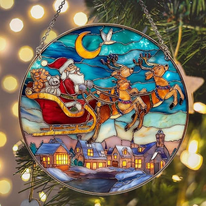 Santa Sleigh Christmas Mosaic Effect Acrylic Suncatcher Stained Glass Effect Window Car Hanging Christmas Ornament Indoor Outdoor Decor Garden Sun Catcher Panel for Women Mom Grandma