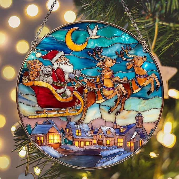Santa Sleigh Christmas Mosaic Effect Acrylic Suncatcher Stained Glass Effect Window Car Hanging Christmas Ornament Indoor Outdoor Decor Garden Sun Catcher Panel for Women Mom Grandma