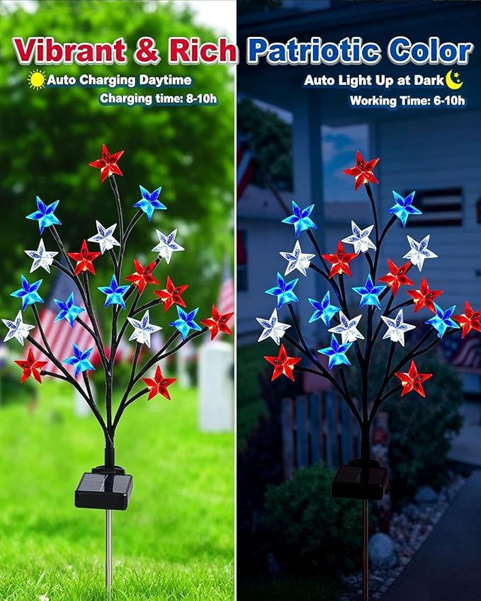 8 Piece Solar US Flag Light Set, American Flags Pole Pathway Lights, Outdoor Garden IP66 Waterproof Patriotic LED Star Stake with 8 Lighting Modes for 250th Anniversary, 4th of July Decoration