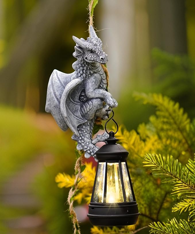 Dragon Outdoor Statue with Lantern: 23.6" Mythical Guardian Figurine & Vine Tree Yard Art, Porch Patio Lawn Decor, Whimsical Outdoor Gift for Mom Children