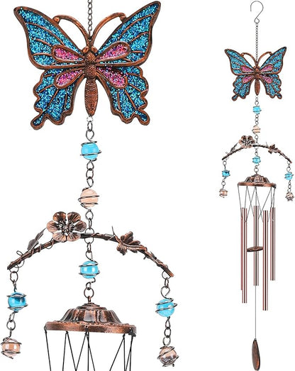 Blue Butterfly Wind Chimes - Wind Chimes for Outside Deep Tone 34 inches 5 Aluminum Tubes, Birthday, Memorial, Butterfly Gifts for Mom, Grandma, Daughter, Decor for Home, Garden, Patio, Backyard