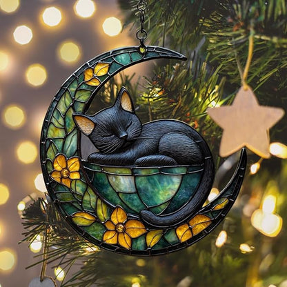 Earthy Tiffany Moon Cat Art Acrylic Suncatcher Stained Glass Effect Window Car Hanging Christmas Ornament Indoor Outdoor Decor Garden Sun Catcher Panel for Fairy Lover for Women Mom Grandma