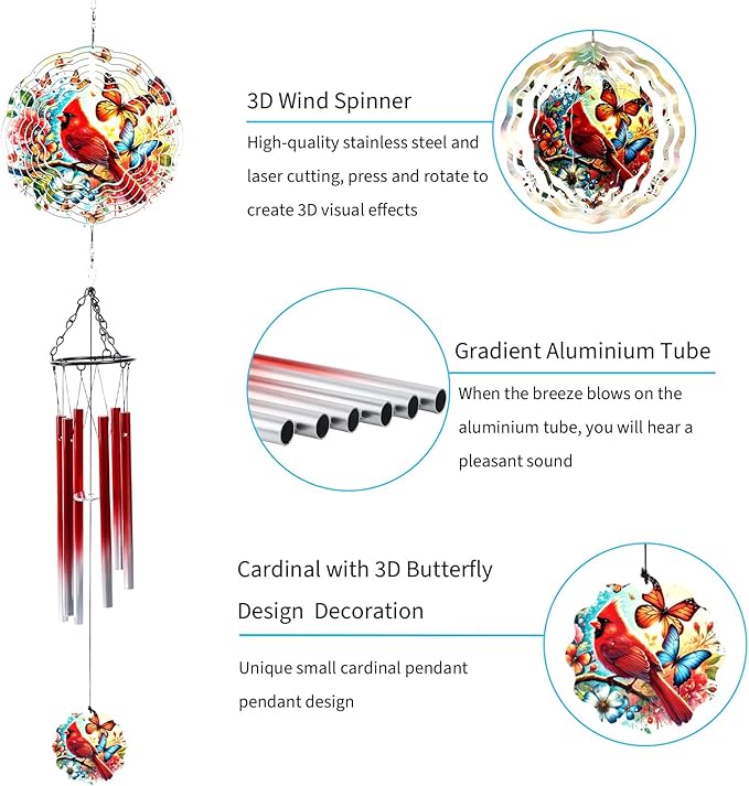 Cardinal Wind Chimes for Outside with 3D Butterfly Spinner, 28" Memorial Wind Chimes for Loss of Loved One, 6 Tuned Aluminum Tubes, Sympathy Gifts for Mom Grandma Garden Patio Decor