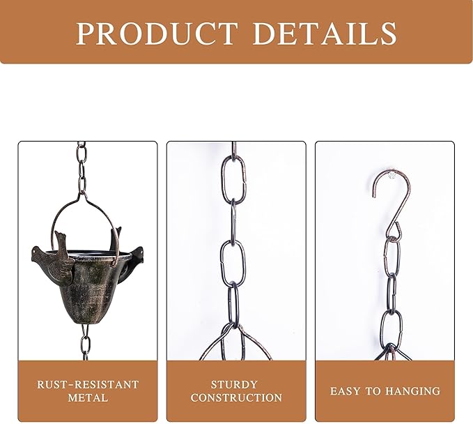 DUSVALLY Rain Chain, Metal Hummingbird Rain Chain, Functional and Decorative Replacement for Gutter Downspouts, Divert Water and Home Display, 12 Cups, Black,8.5FT
