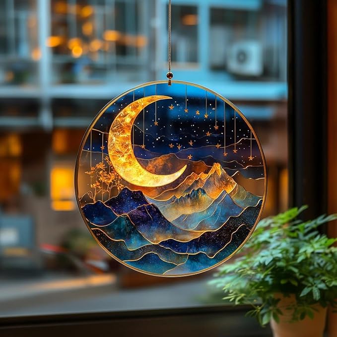 Celestial Moon and Stars Acrylic Hanging Suncatcher Night Sky Themed for Home Porch Decor Window Gift Mom Sun Catchers Windows Acrylic Decorations Outdoor