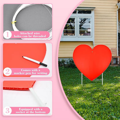 10 Pieces Valentine's Day Decorations Outdoor Yard Garden Porch Sign - Large Double-Sided Red Heart Design Signs with Stakes for Romantic Love Wedding Engagement Anniversary Patio Pathway Lawn Decor