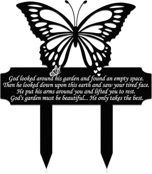 Buryeah Grave Decoration for Cemetery Butterfly Memorial Stake Headstone for Grave Memorial Garden Decor Waterproof Double Sided Print Metal Cemetery Marker, 13.19 x 11.81 Inches(Classic Style)