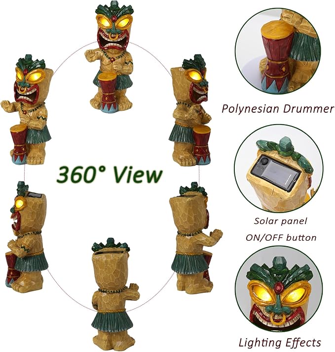 Solar Tiki Garden Statue with LED Eyes Outdoor Polynesian Drummer Hawaiian Party Decor Solar Light Ornament for Patio Porch Lawn or Tiki Lover Best Gifts for Tiki Lovers